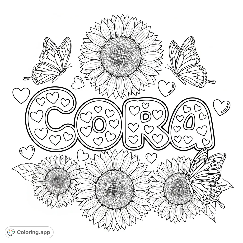 A delightful "Cora" bubble letter coloring page, adorned with cheerful sunflowers, fluttering butterflies, and playful hearts. A charming, free printable.