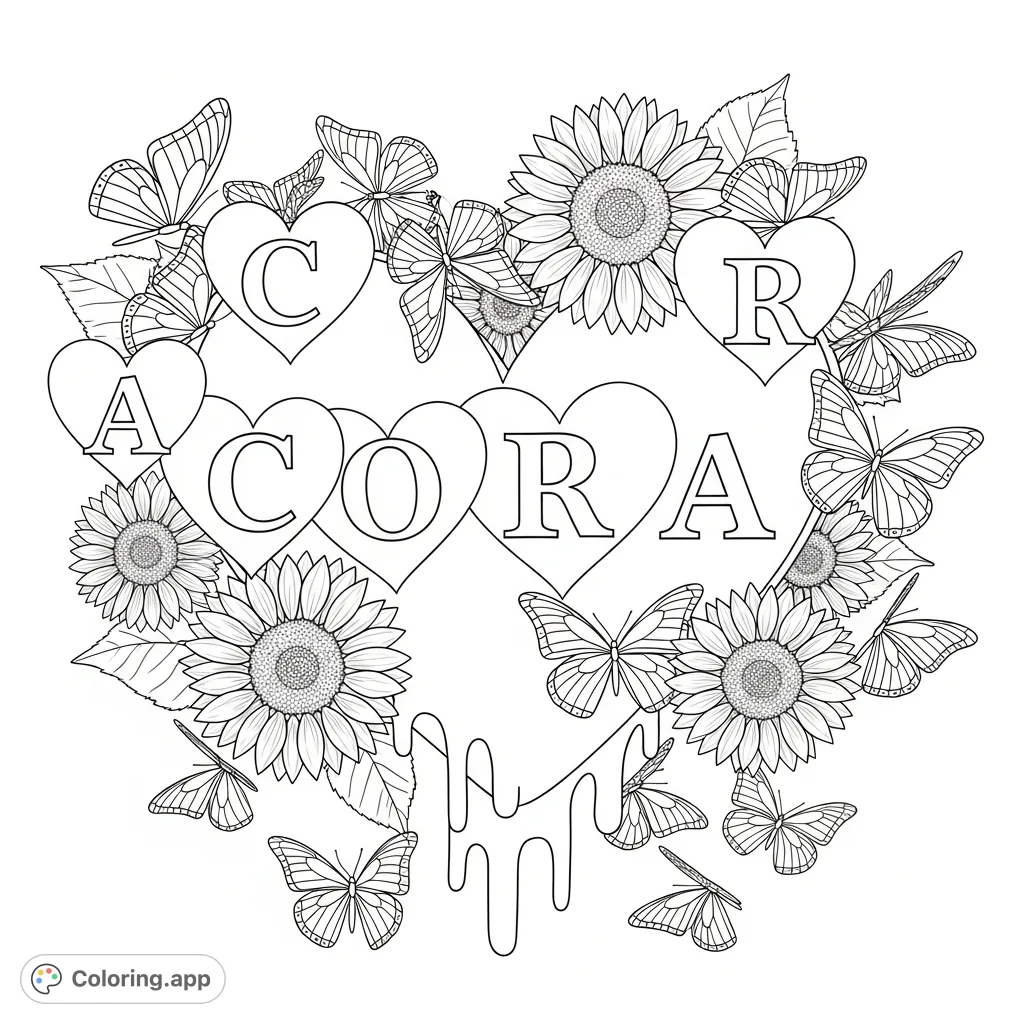 A whimsical Cora coloring page featuring intricate hearts, graceful butterflies, and detailed sunflowers. Perfect for personalized creative expression and relaxation.
