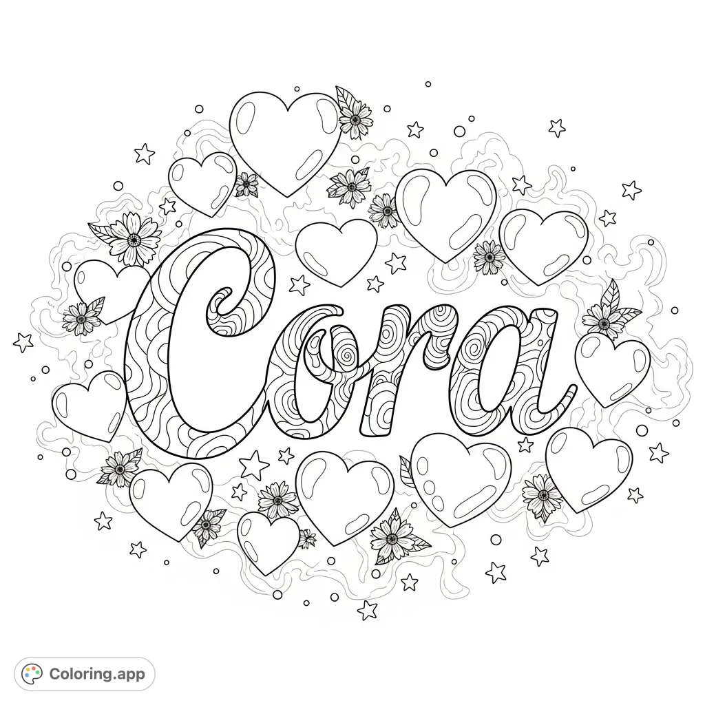 An enchanting Cora coloring page featuring the name in psychedelic cursive, surrounded by cute smoky hearts, tiny stars, and delicate flowers for a whimsical design.