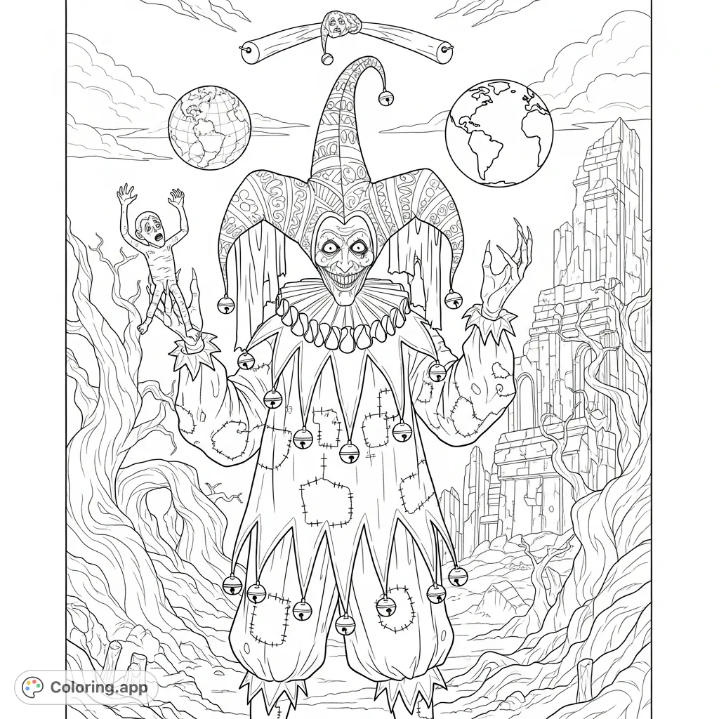 Dive into a dark fantasy realm with a creepy jester juggling tiny humans and a globe. A challenging and intriguing page for advanced colorists.