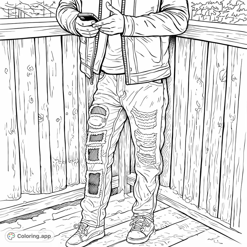 Capture modern street style with this detailed coloring page featuring distressed denim, a leather jacket, and a wooden backdrop. A challenging design for fashion enthusiasts.