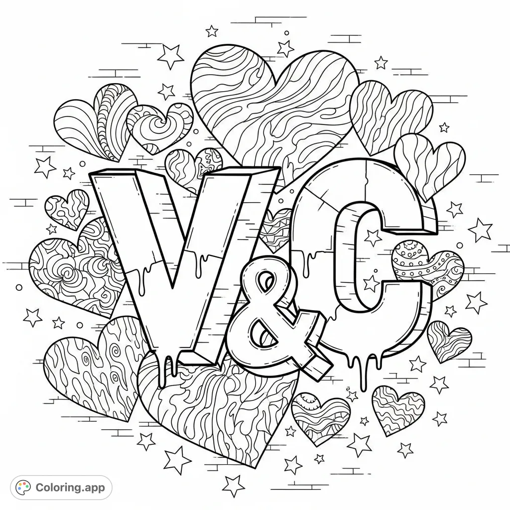 Unleash creativity with this vibrant graffiti coloring page featuring bold letters 'V' and 'C', psychedelic hearts, and scattered stars.