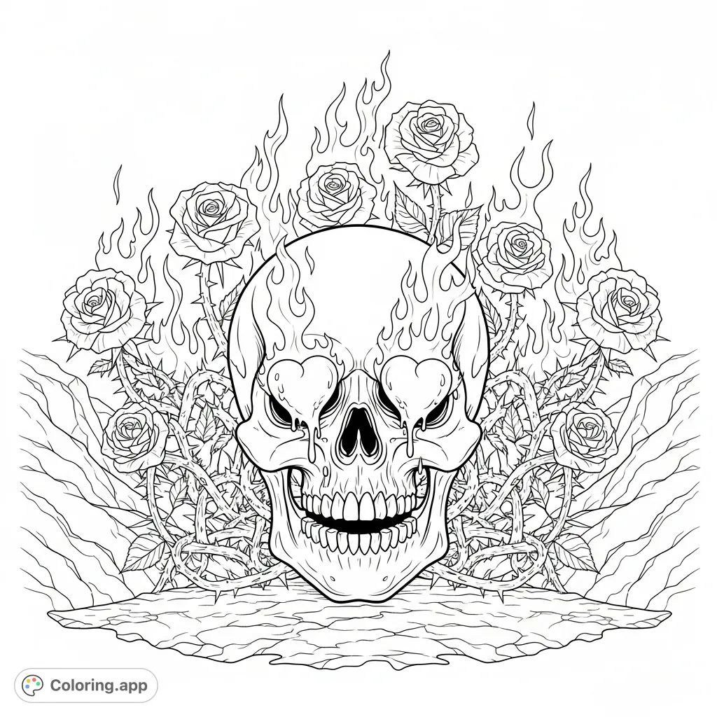 A detailed grim skull with heart-shaped eye sockets is framed by thorny roses and flickering flames against a desolate rocky backdrop. A challenging dark fantasy coloring page.