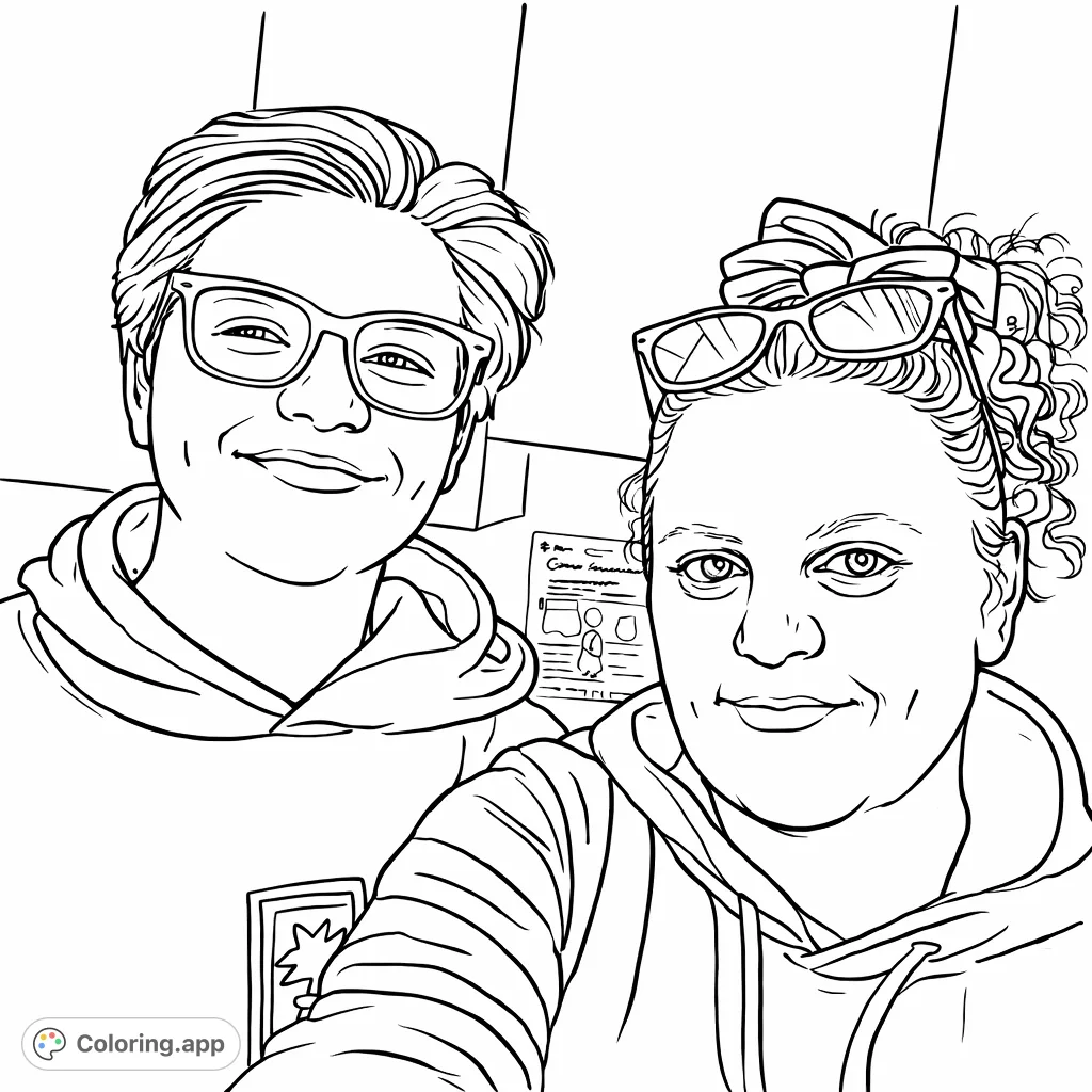 Capture a moment of connection with this two people selfie coloring page. Features a friendly pair in hoodies, perfect for personalizing.