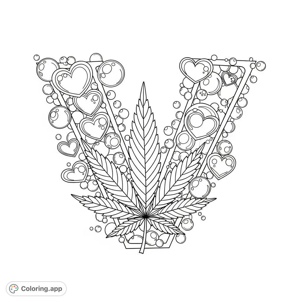 A unique coloring page featuring the letter V intricately formed by a cannabis leaf, surrounded by a whimsical array of bubbles and stylized heart-shaped bubbles.