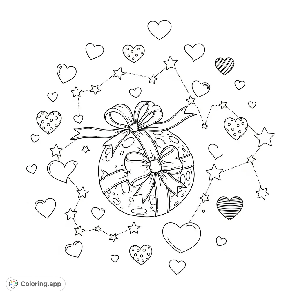 Discover a charming celestial scene featuring an elegant present moon, twinkling stars, and an abundance of cute hearts. A magical design awaiting your creative touch!
