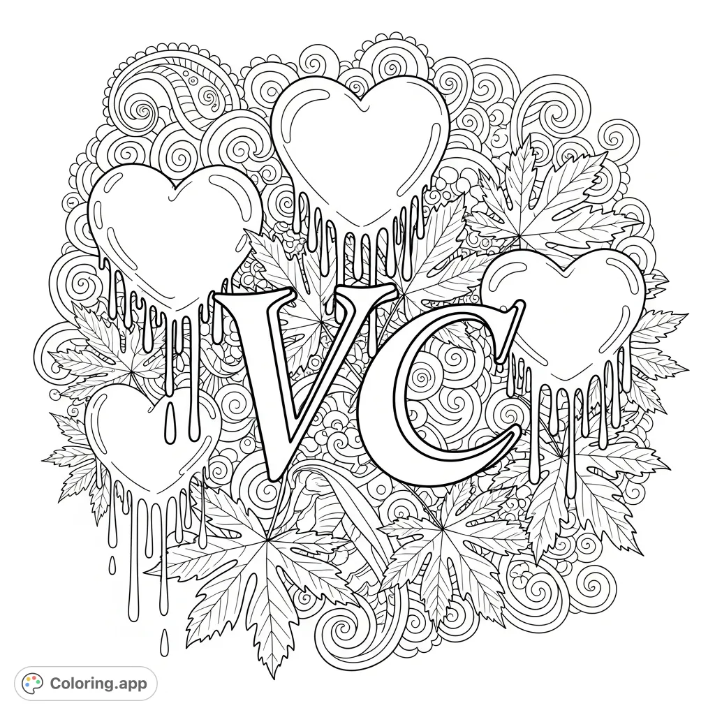 Explore a visually rich, trippy coloring page with elaborate drippy hippie hearts, bold 'V+C' calligraphy, and detailed leafy plants for an immersive experience.