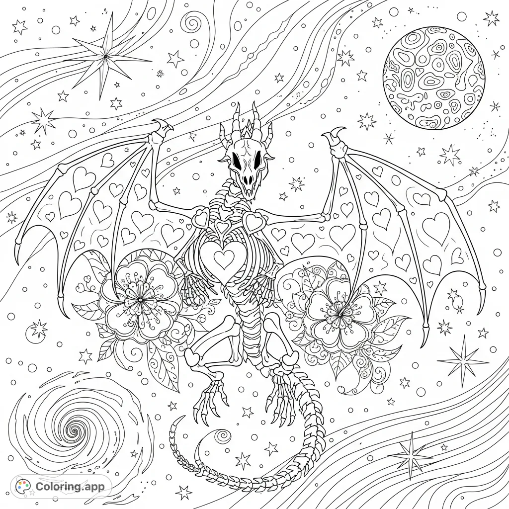 Unleash your creativity with a badass skeleton dragon, adorned with intricate hearts and elaborate flowers, soaring through a cosmic landscape with stars and a trippy moon.