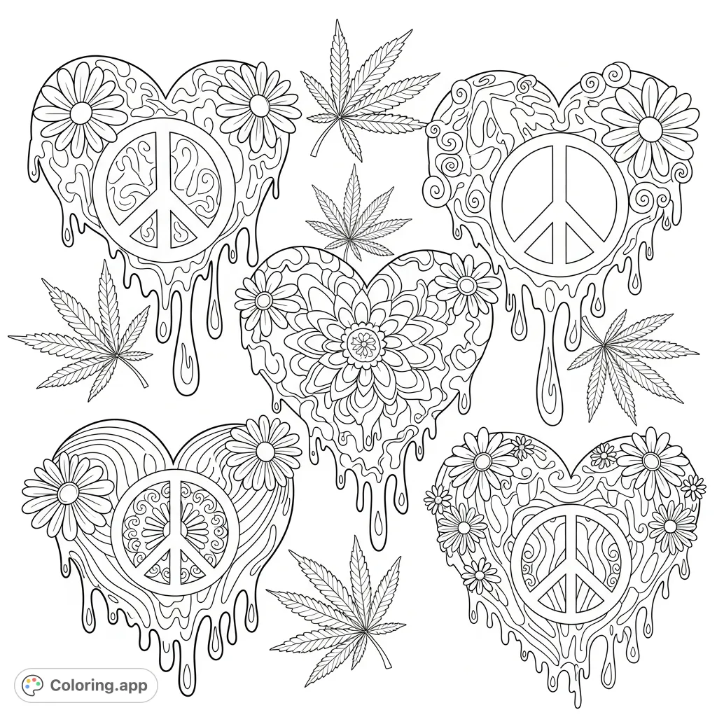 Dive into a vibrant world of trippy drippy hippie hearts and cannabis leaves. A detailed, psychedelic design perfect for artistic expression and mindful relaxation for adults.