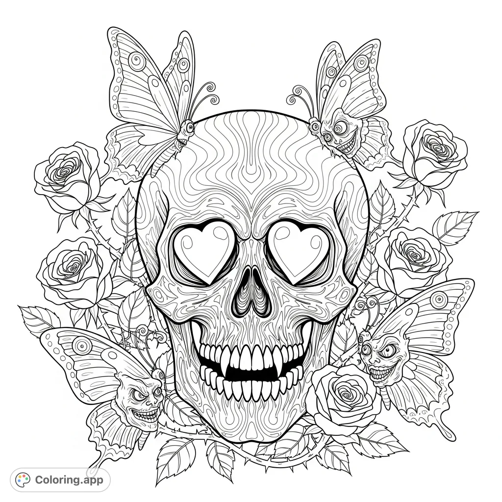 Discover a trippy skull coloring page featuring a central skull with heart eyes, surrounded by thorny roses and distorted, demented butterflies. A captivating and unique design.