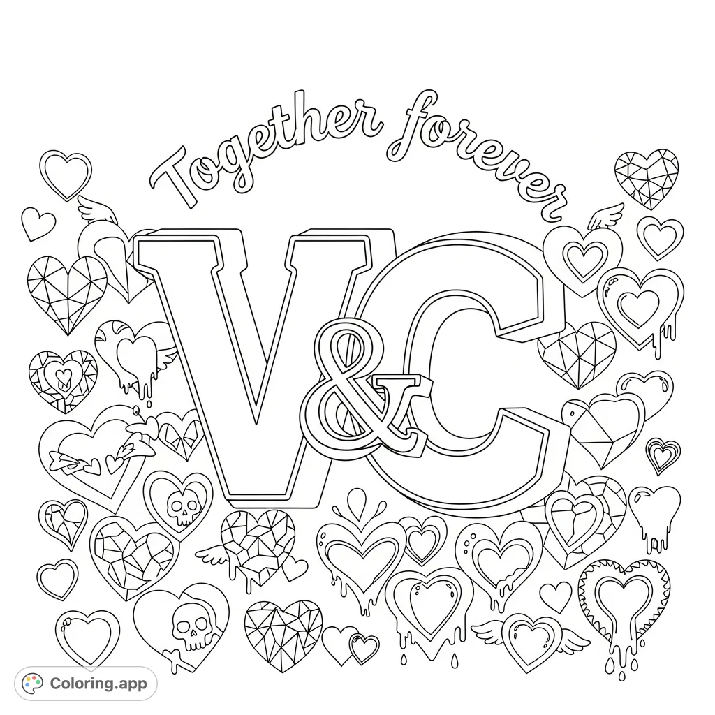 A unique V and C initial design with 'Together forever' text, surrounded by an array of cute, edgy, and trippy heart patterns, perfect for expressing connection.