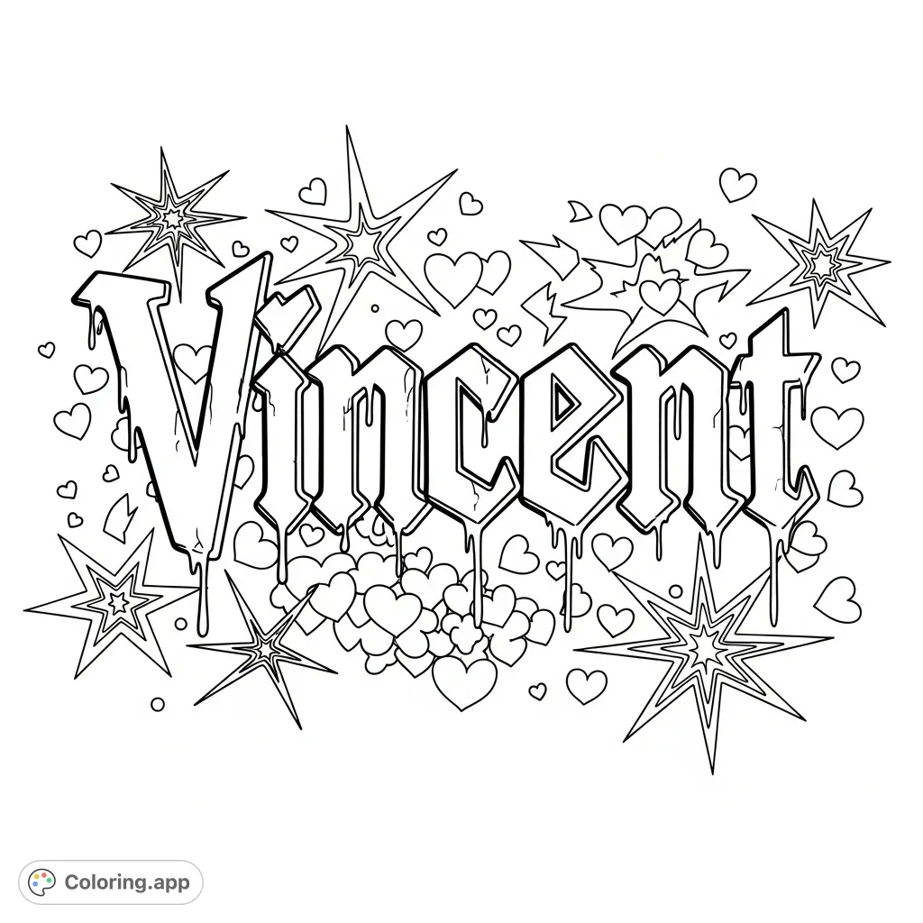 Color "Vincent" in a bold gothic graffiti style, surrounded by petite hearts and dynamically shaped, trippy stars. A unique, edgy design for creative expression.