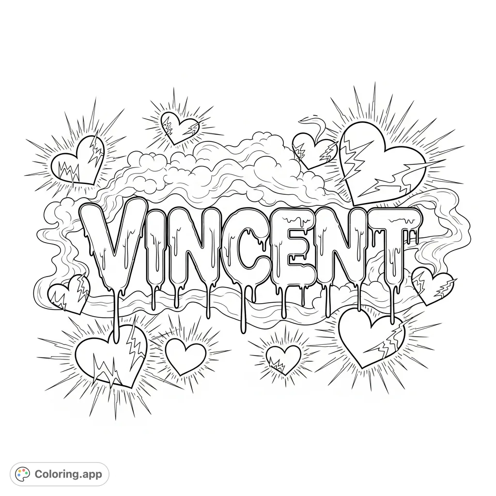 An energetic Vincent graffiti coloring page featuring drippy letters, electrifying hearts, and dynamic smoke, perfect for custom name art.