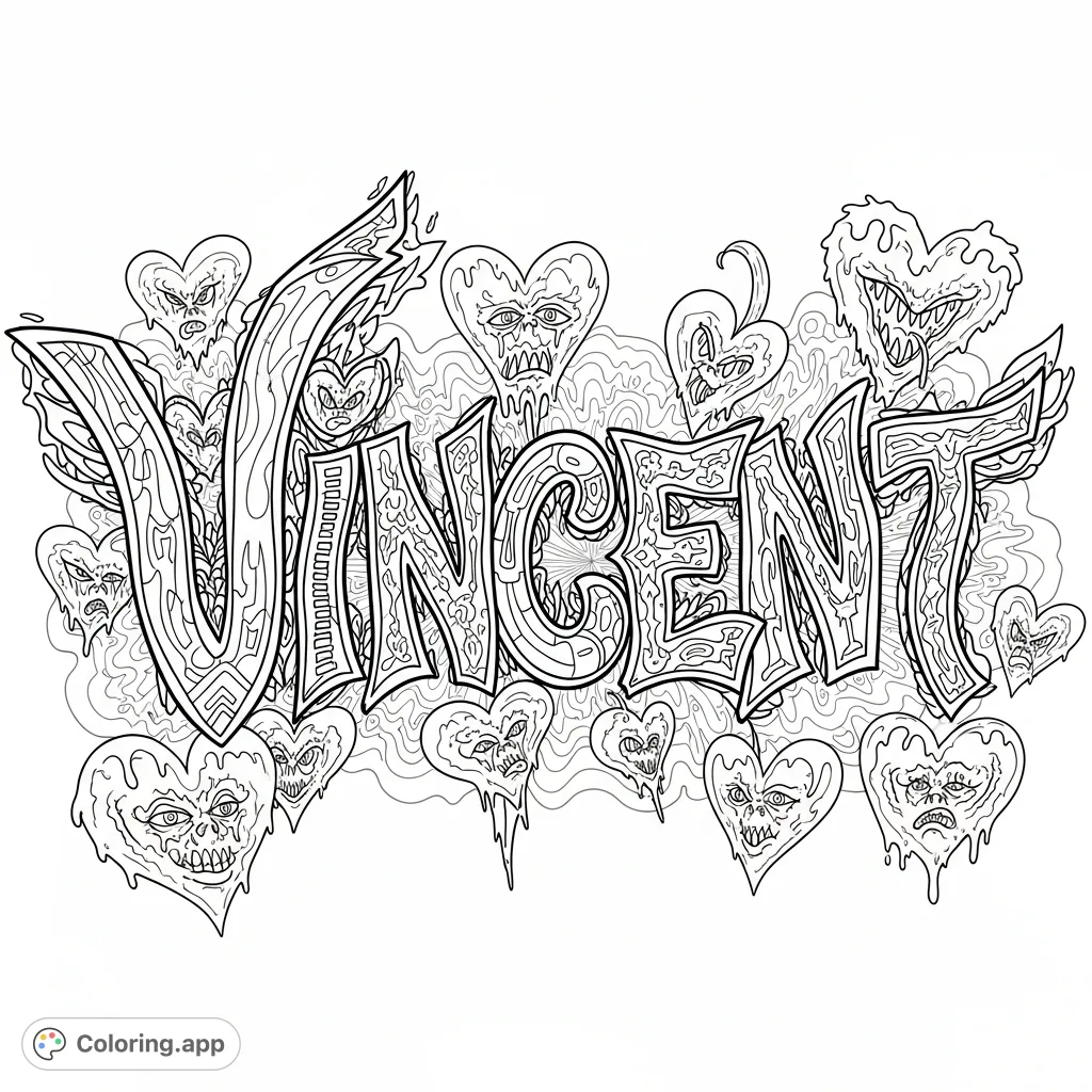 Dive into a trippy graffiti art piece featuring "Vincent" surrounded by bizarre, intricate hearts and abstract patterns, ready for your creative touch.