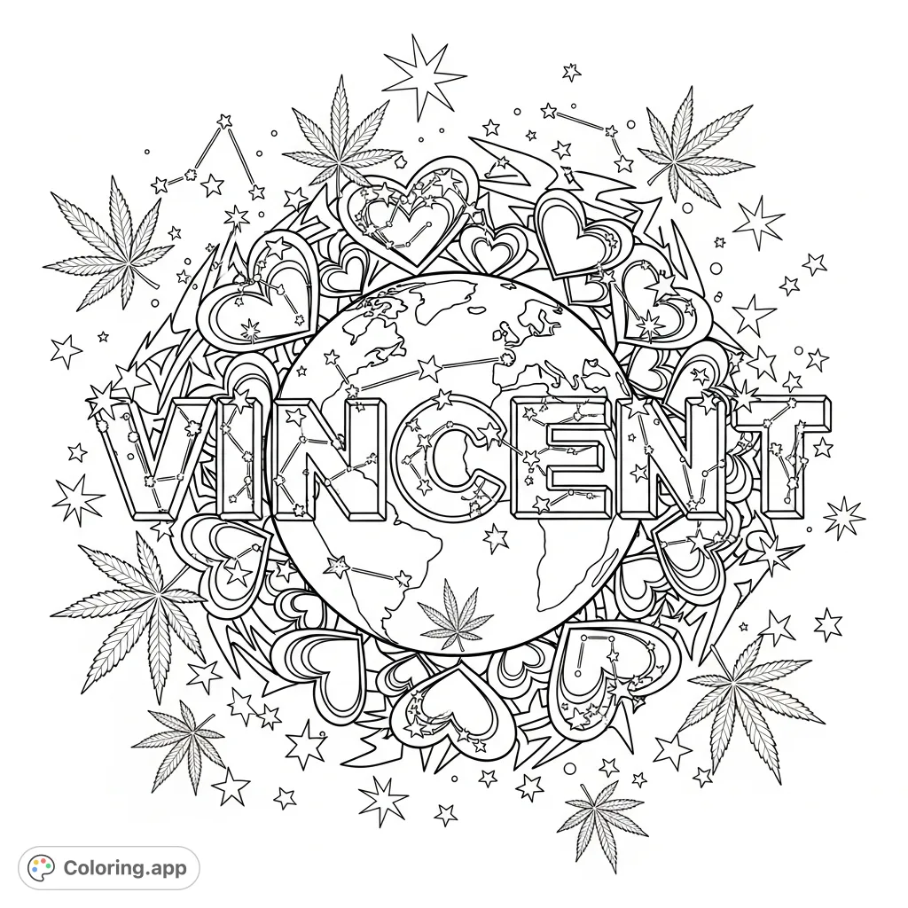 Explore a unique cosmic coloring page featuring 'Vincent' written in stars, a world embraced by tribal/graffiti hearts, and scattered cannabis leaves.