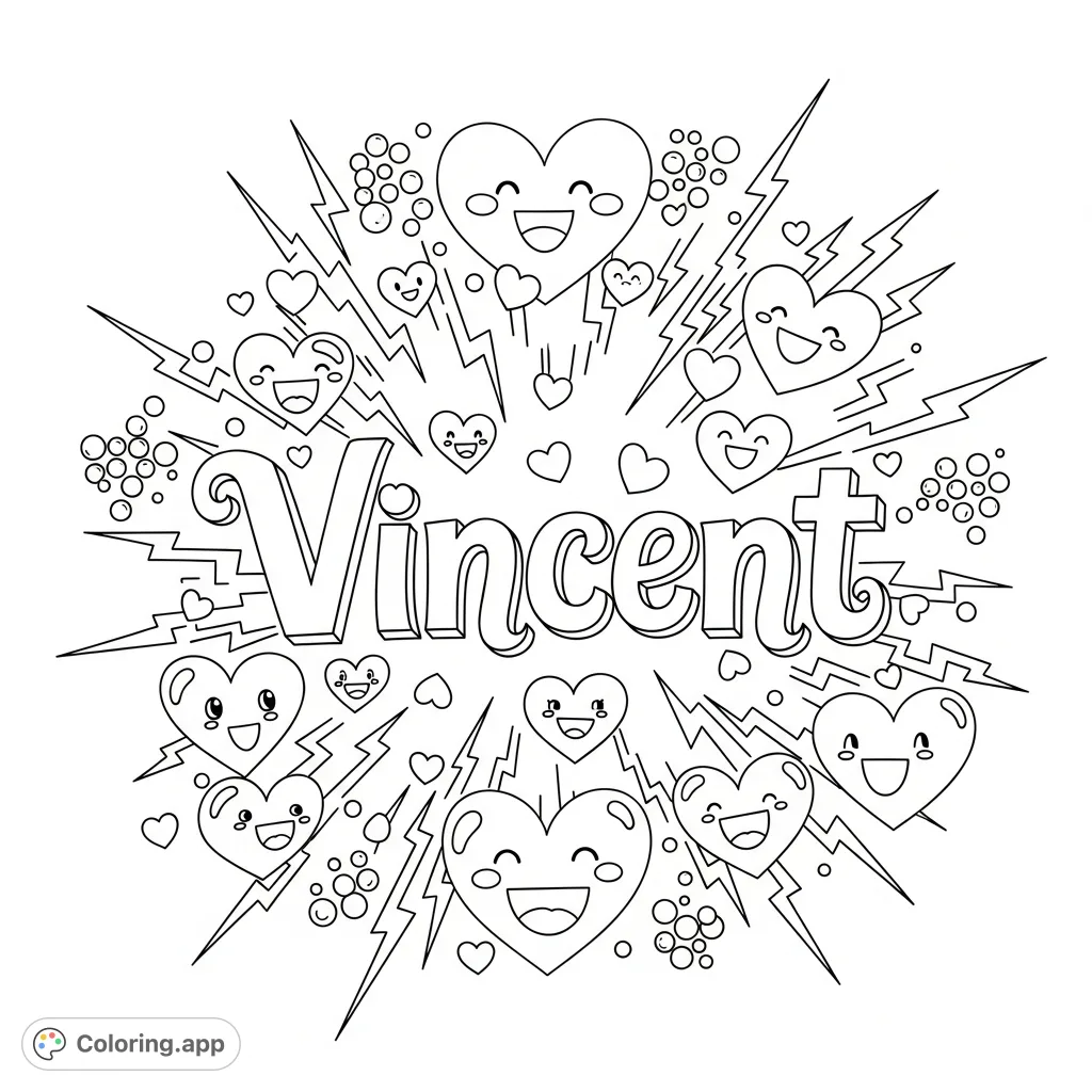 A vibrant design featuring stylized, radiating hearts with happy faces, encircling the unique, playful lettering of the name Vincent. Full of joy and affection.