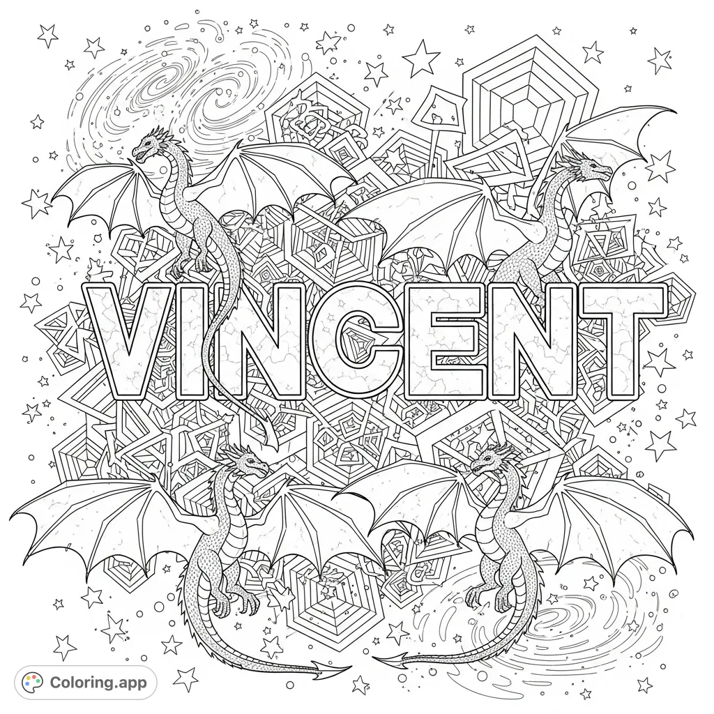 A captivating 'Vincent' coloring page featuring majestic dragons soaring through a starry cosmos, accented with intricate optical illusions for a stunning 3D effect.
