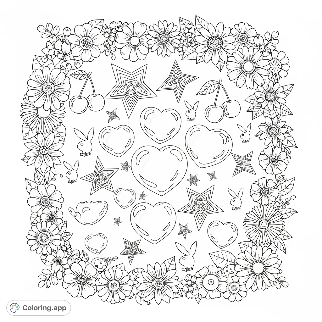 An enchanting aesthetic coloring page with a dynamic floral border, bubble hearts, trippy stars, sweet cherries, and distinctive tiny Playboy bunnies.
