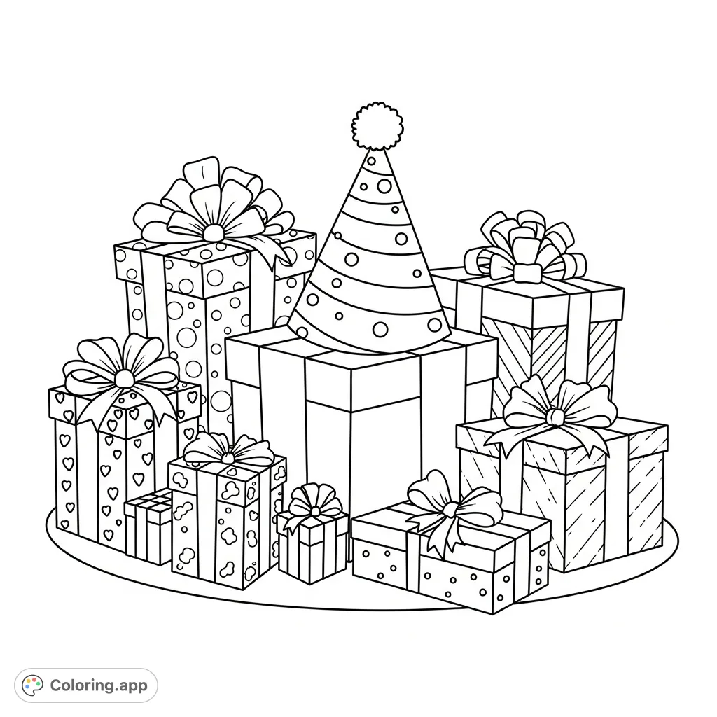 Dive into a delightful birthday coloring page featuring a stack of beautifully wrapped gifts and a festive party hat. Perfect for celebratory fun!