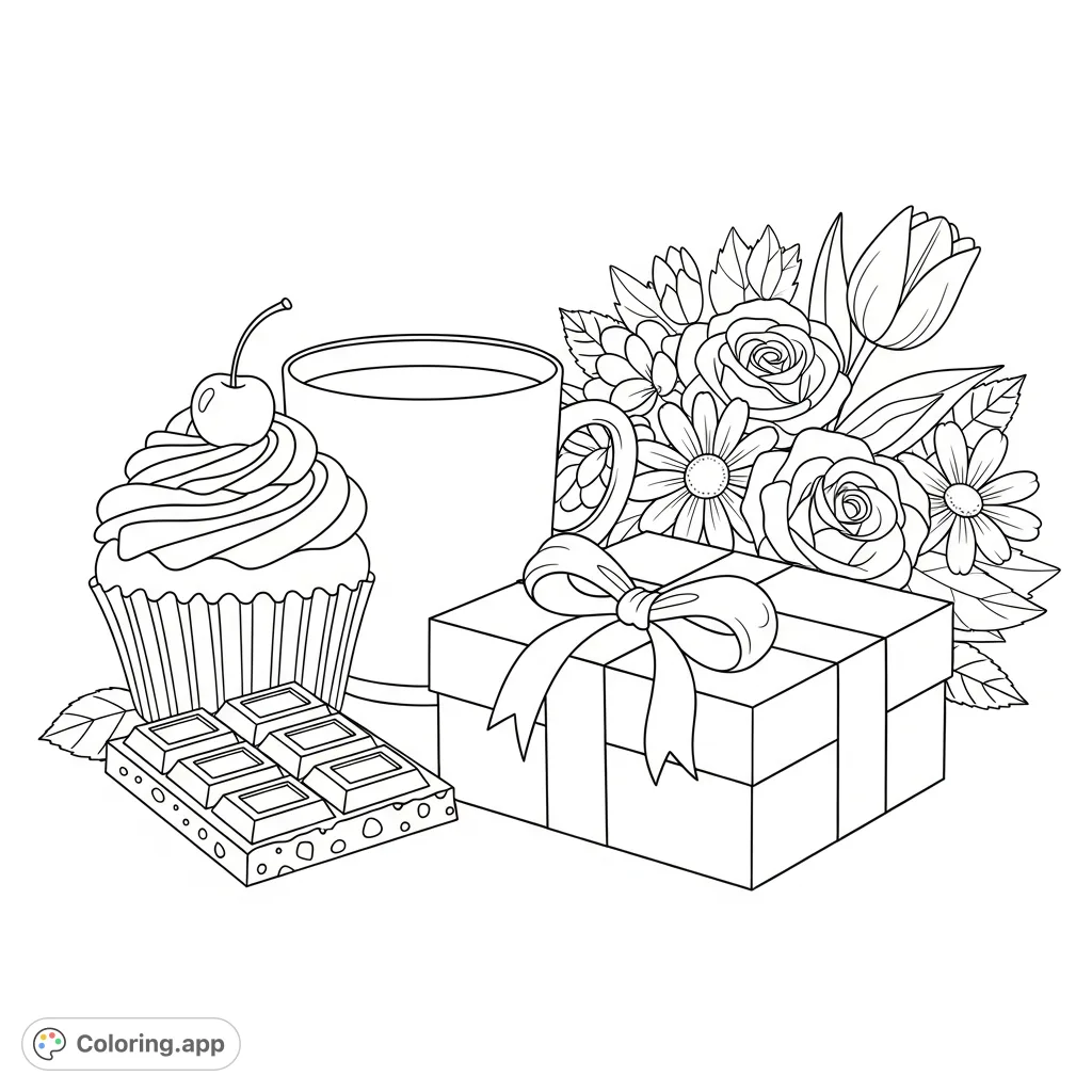 Explore a charming collection of everyday objects like a cupcake, chocolate, coffee mug, gift box, and flowers. A delightful free printable coloring page for all ages.