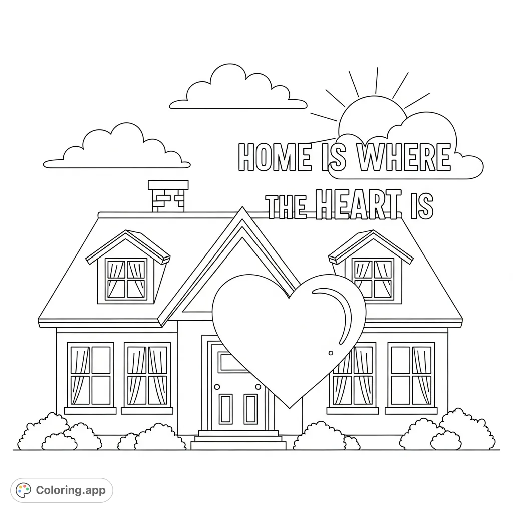 A heartwarming home and heart coloring page featuring a cozy house, a big heart, and the timeless phrase "Home is Where the Heart Is." Perfect for all ages!