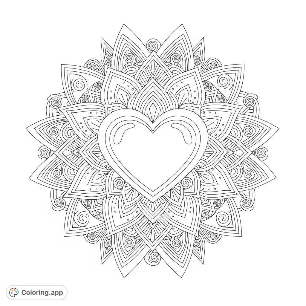 An intricate heart surrounded by radiating geometric patterns and delicate petals, perfect for a calming and detailed coloring experience for adults.