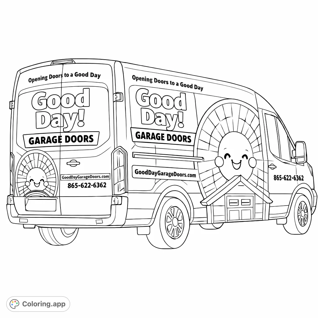 A cheerful delivery van with a smiling sun mascot and garage door illustration, featuring prominent branding. Perfect for vehicle enthusiasts and those who enjoy detailed designs.