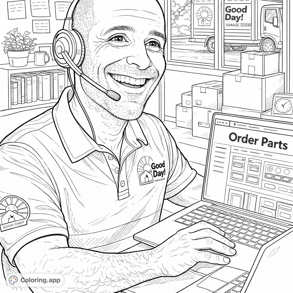 A cheerful customer service agent with a headset works at a laptop, surrounded by office items and moving boxes. A detailed scene for a satisfying coloring experience.