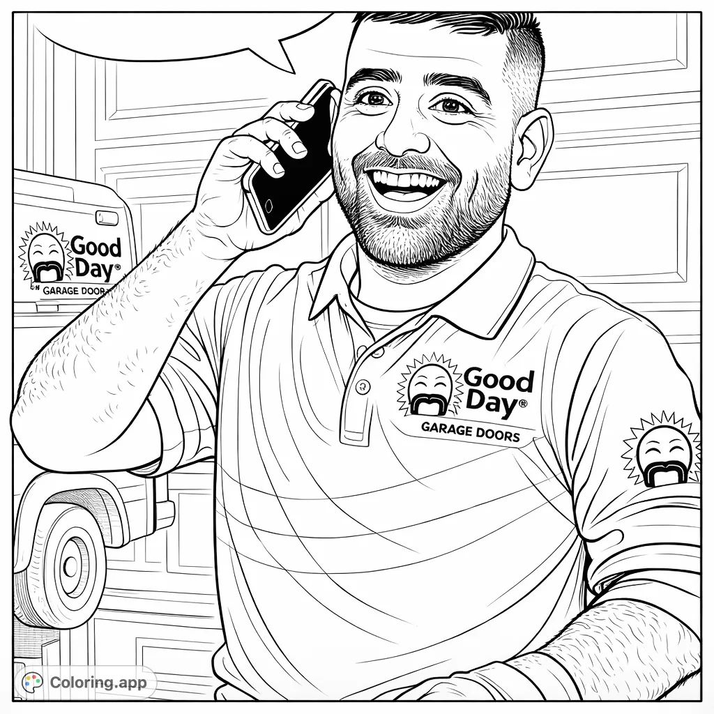 Color a cheerful service professional on a call, featuring a distinctive uniform and company logo. A great way to appreciate everyday heroes.