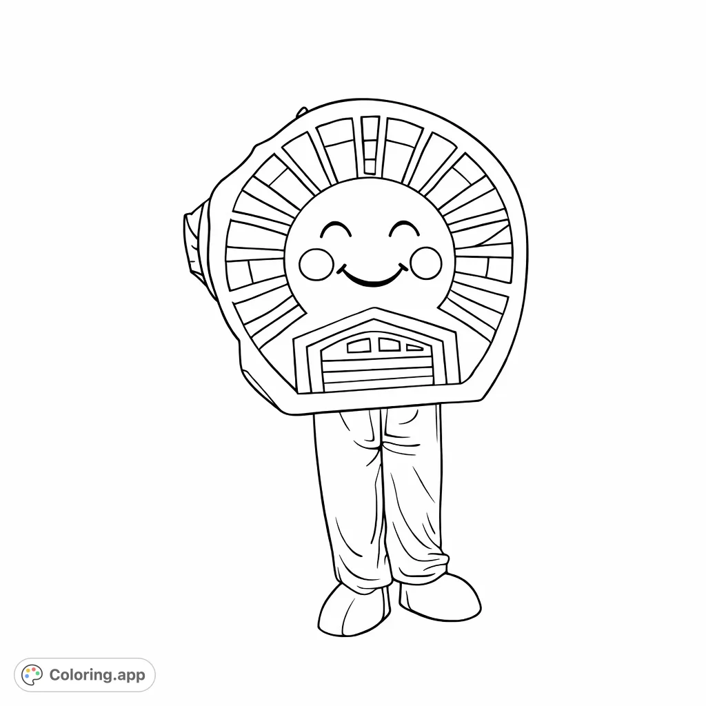 A cheerful sun mascot featuring a smiling face and a garage door element. This fun design offers bright coloring opportunities for all ages.