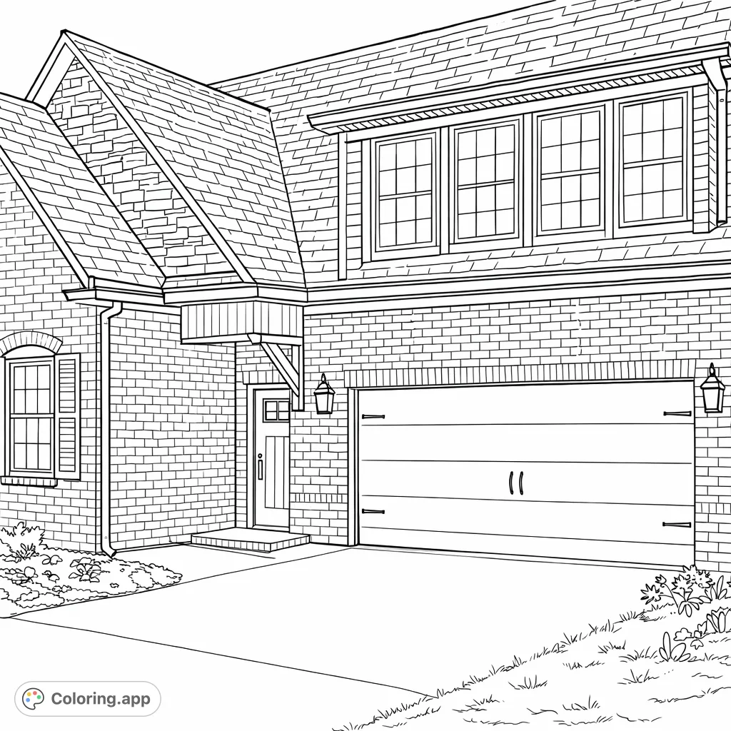 Color a charming suburban home with brick textures, detailed windows, and a welcoming entrance. Perfect for architectural enthusiasts of all ages.