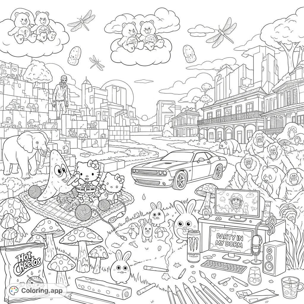 Dive into a unique maximalist coloring page featuring SpongeBob, Hello Kitty, Minecraft, Dodge Challenger, animals, gaming, music, and subtle adult themes for a truly personal experience.