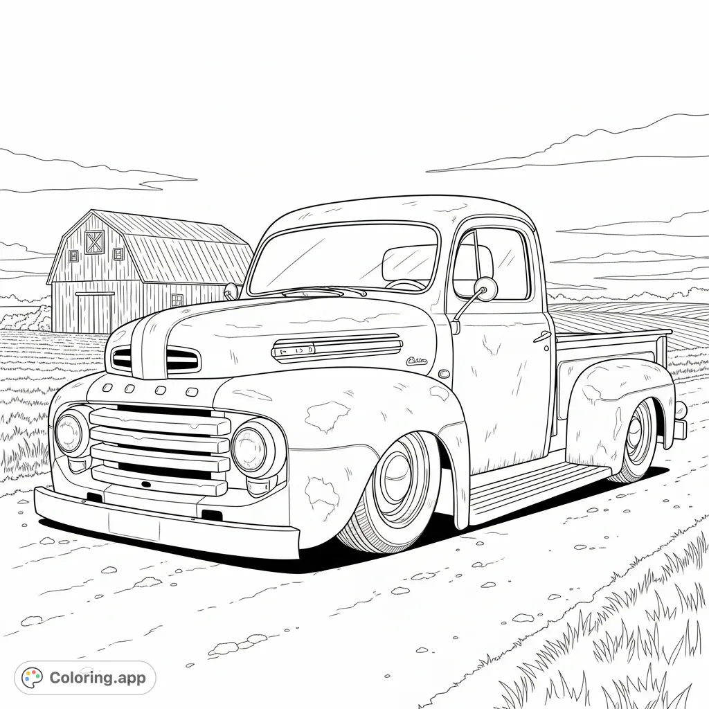 Color a classic, lowered Ford pickup truck with distinctive features and a rustic charm on a country road. Perfect for automotive enthusiasts and vintage vehicle lovers.