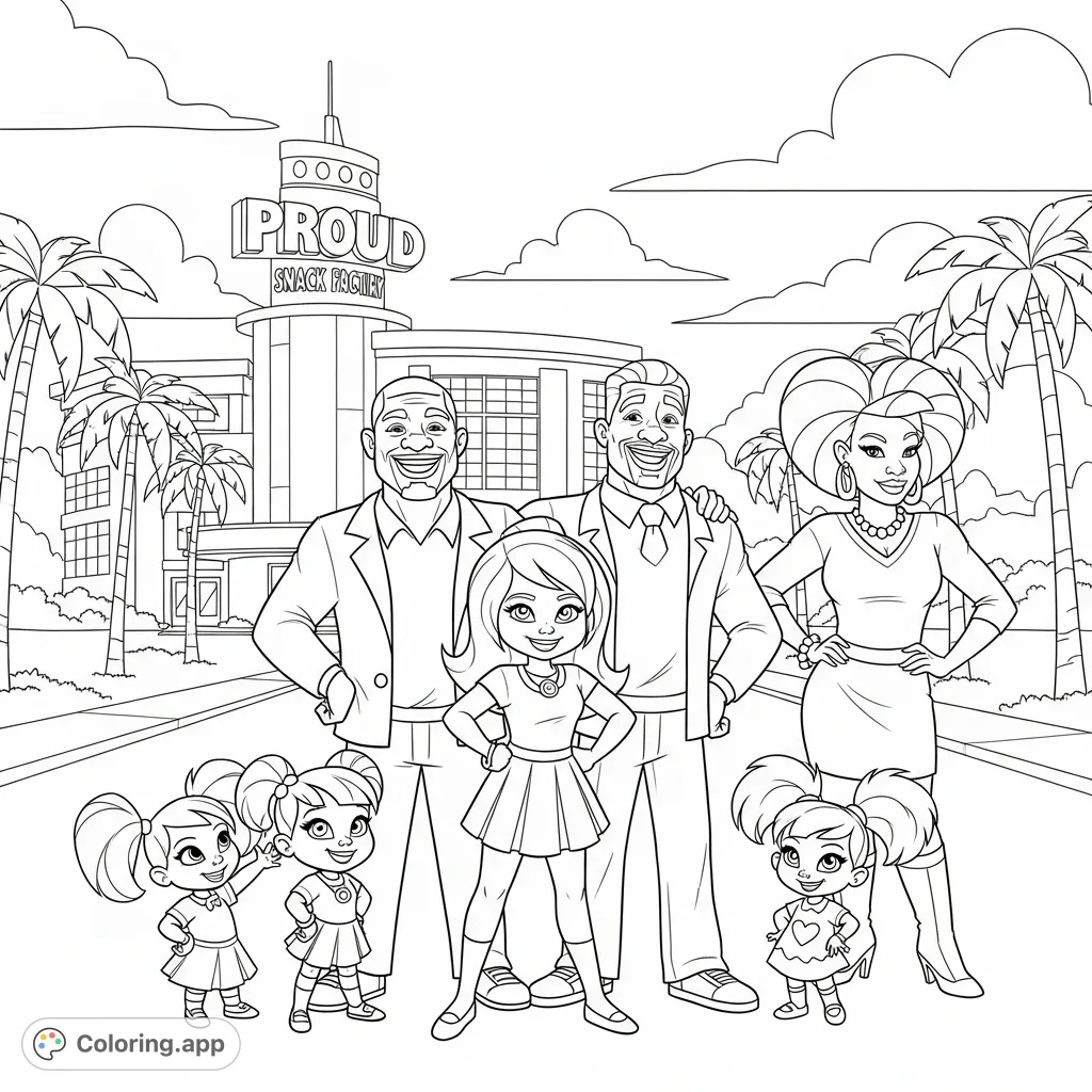 Color a heartwarming scene with Penny Proud and her family from The Proud Family Movie! A free printable, joyful family portrait for fans of all ages.