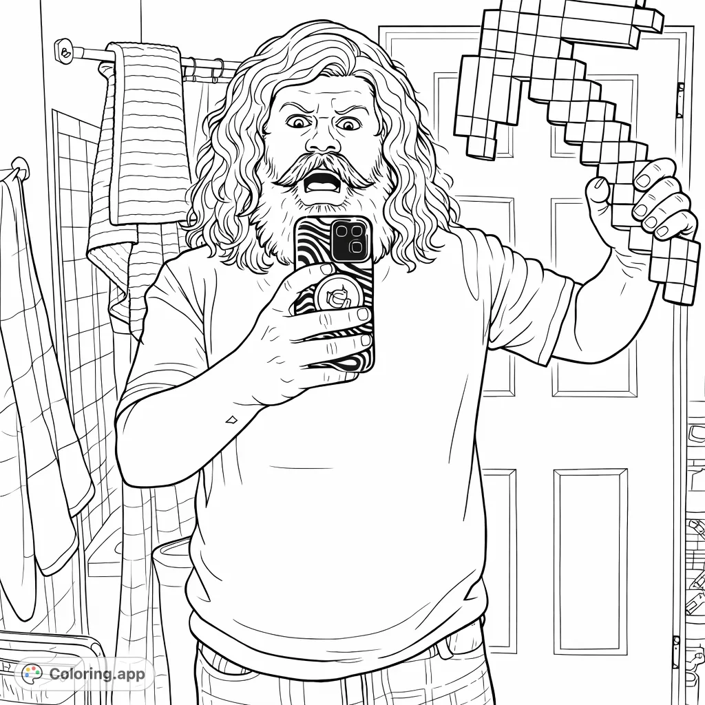 A fun pixel miner costume selfie featuring a person with a wig, mustache, and beard holding a blocky pickaxe. Perfect for gaming fans and creative coloring!