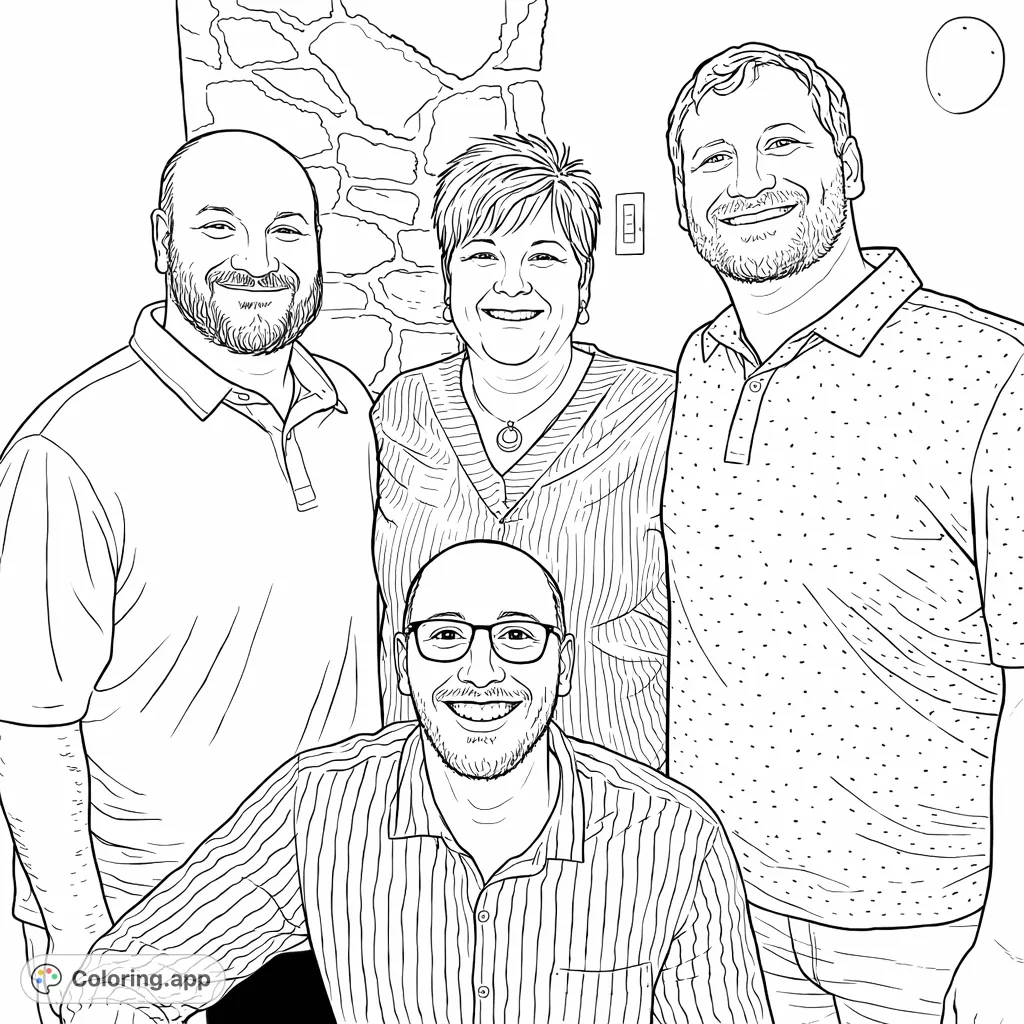 A cheerful group portrait of four smiling individuals against a stone wall. Perfect for personalizing and celebrating connections with your favorite colors.