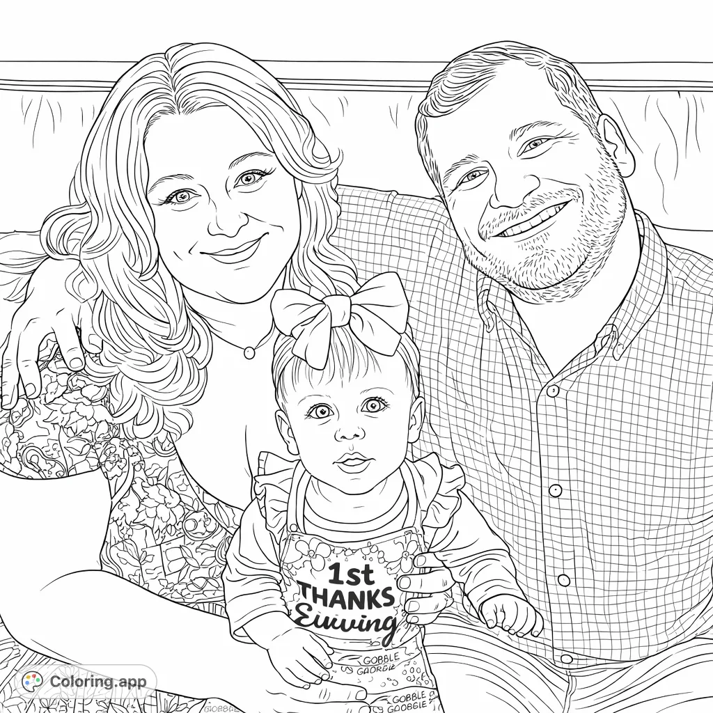Celebrate family joy with this heartwarming portrait of parents and their baby. Features intricate patterns and sweet expressions for a meaningful coloring experience.