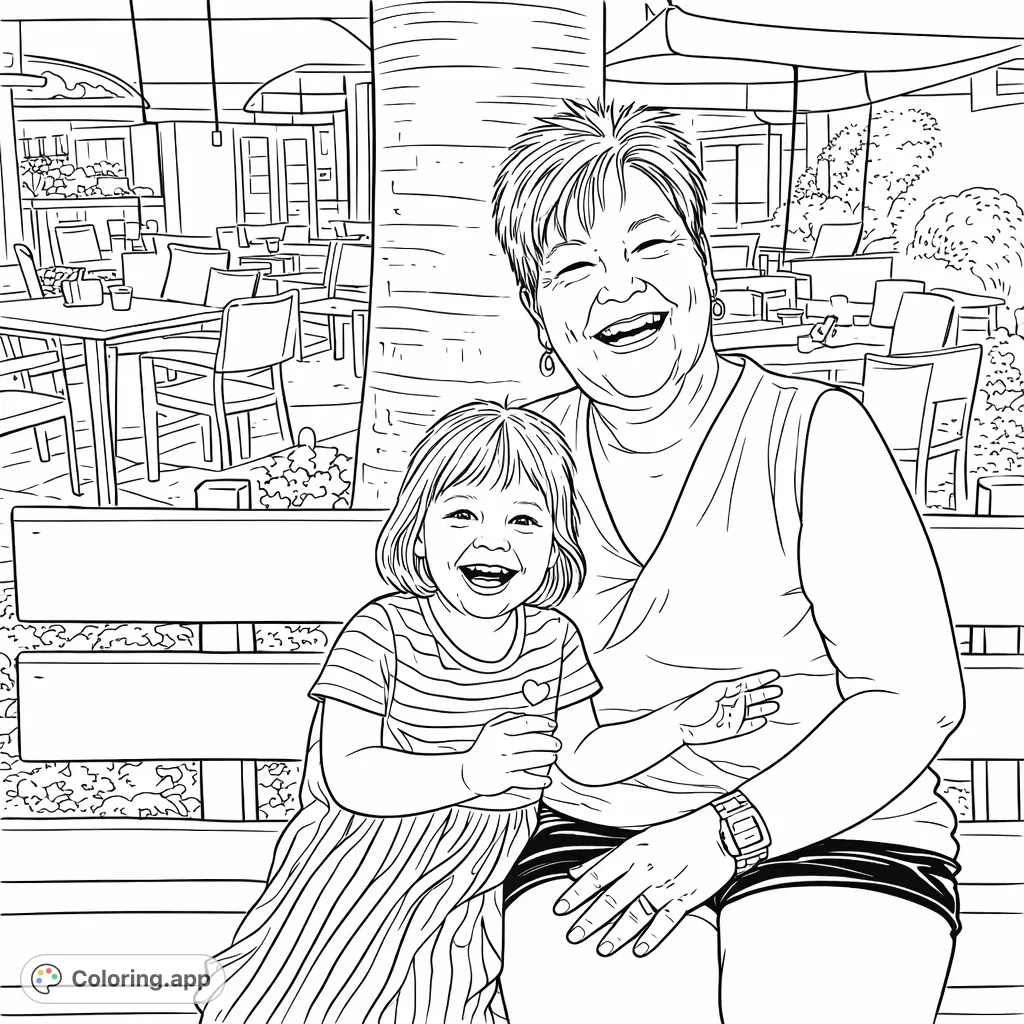 A heartwarming scene featuring an adult embracing a child on a bench, both beaming with joy. Perfect for celebrating family bonds and shared happiness.