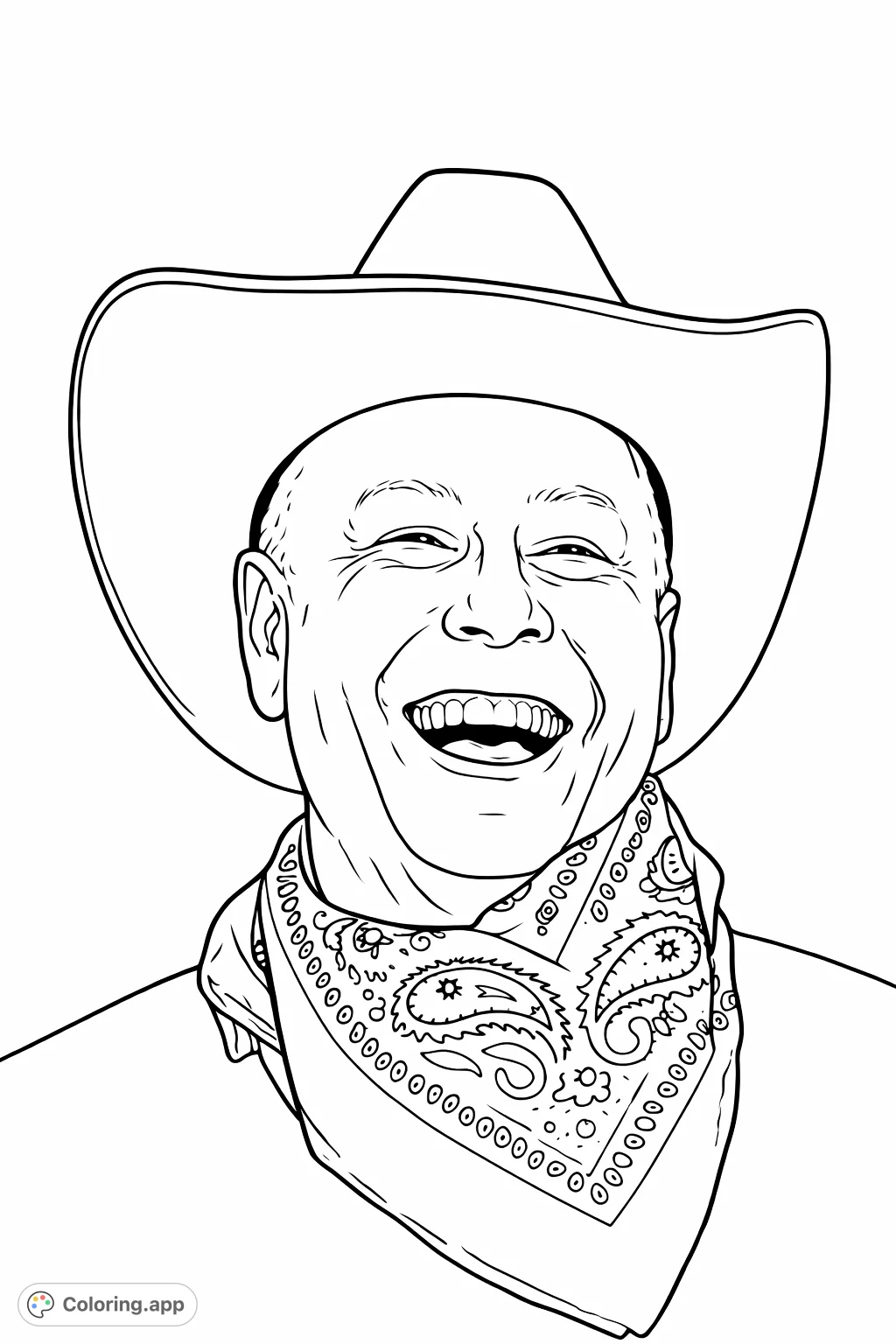 A cheerful cowboy portrait featuring a man with a wide, infectious smile, wearing a classic cowboy hat and a patterned bandana. Perfect for all ages!