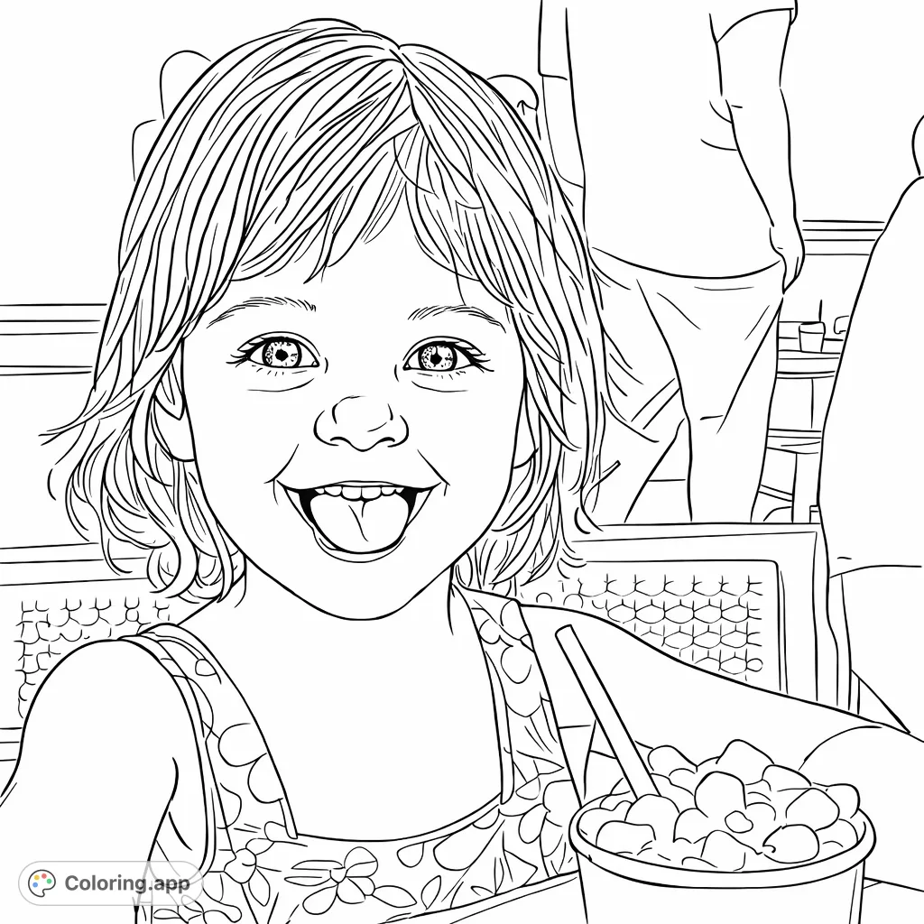 A delightful coloring page featuring a joyful child with a big smile, enjoying a sweet treat. Perfect for a fun coloring session.