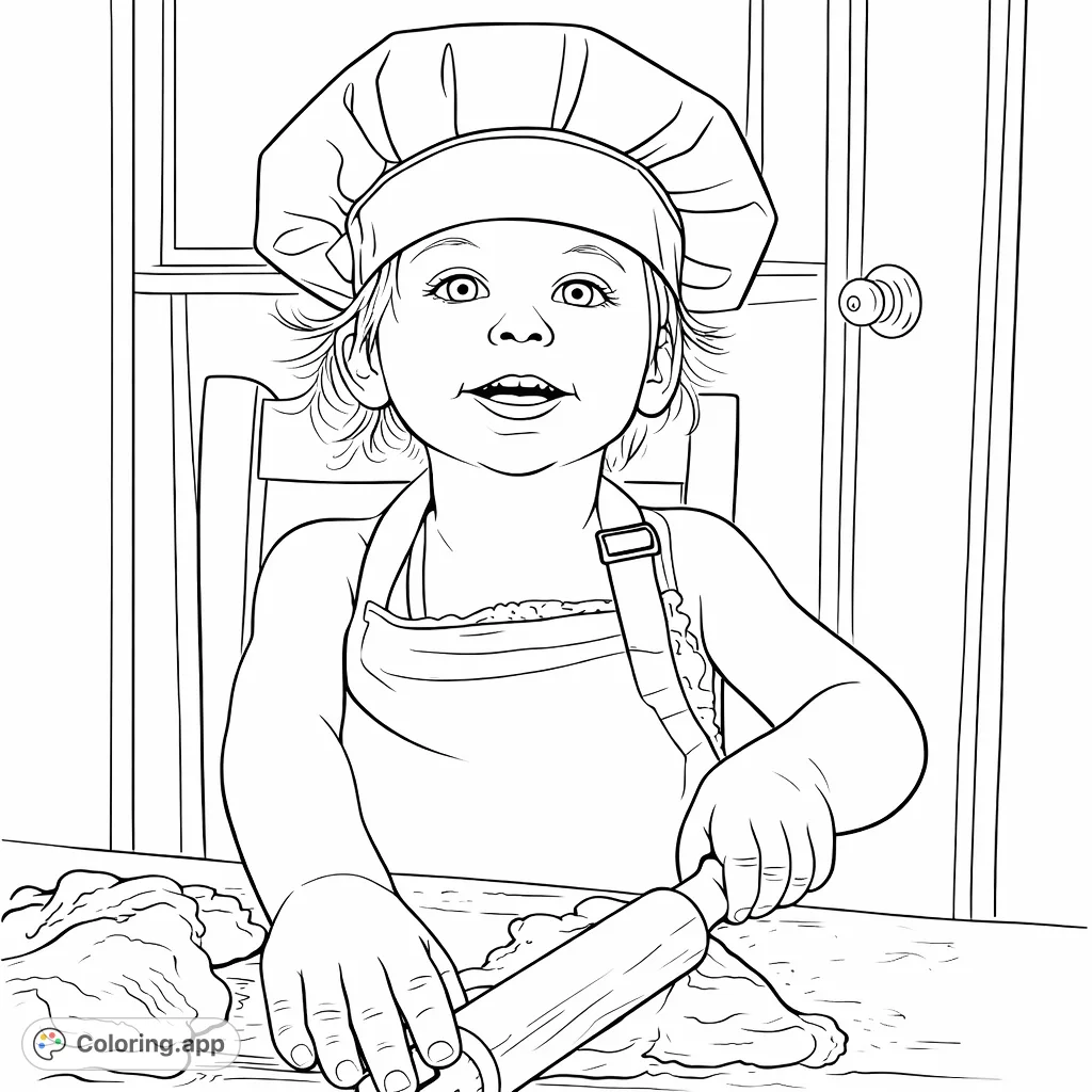 A delightful little chef in a hat and apron smiles while rolling dough, perfect for young bakers and aspiring culinary artists. An adorable and engaging scene.