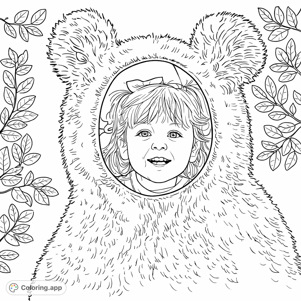 A joyful child's face smiles through a playful bear standee, surrounded by leafy patterns. Perfect for a fun coloring adventure!
