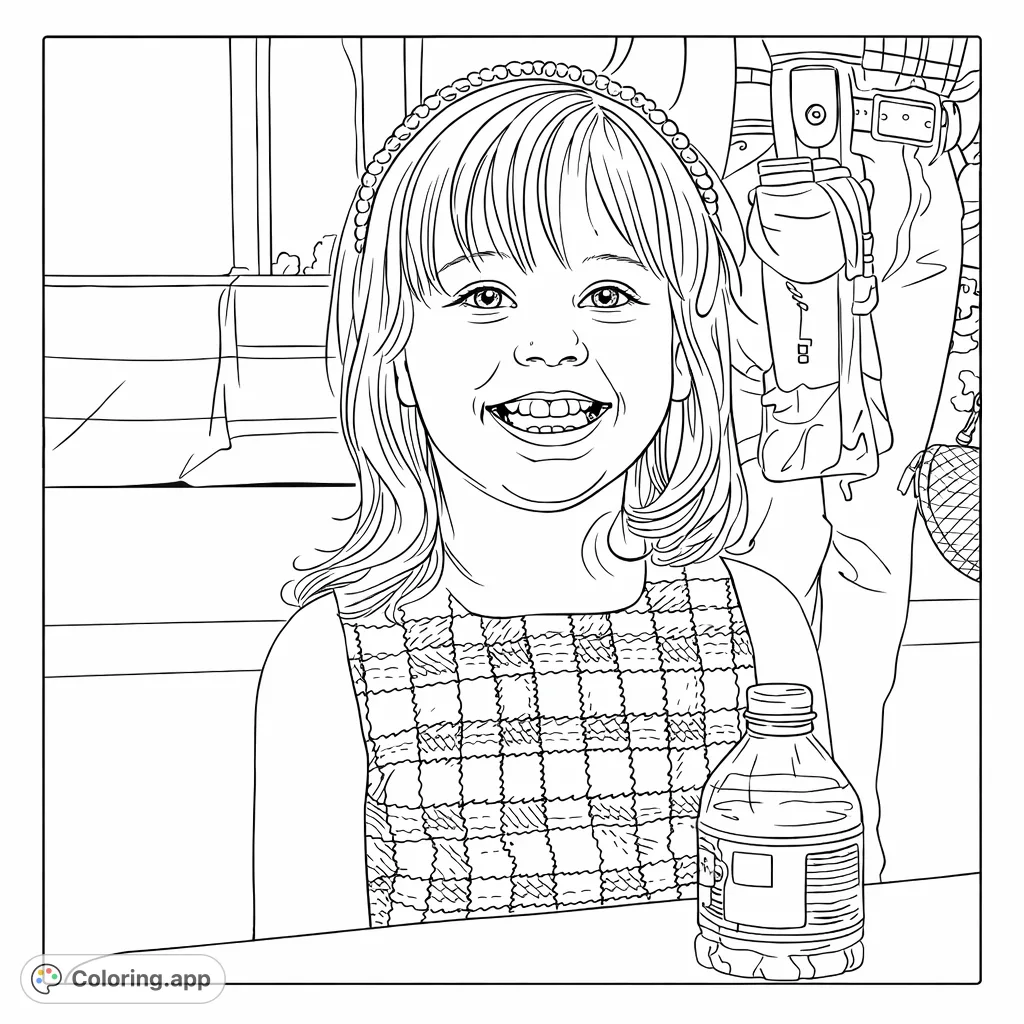 Capture the joyful essence of a smiling child with a pearl headband and plaid dress. A delightful portrait coloring page for all ages.