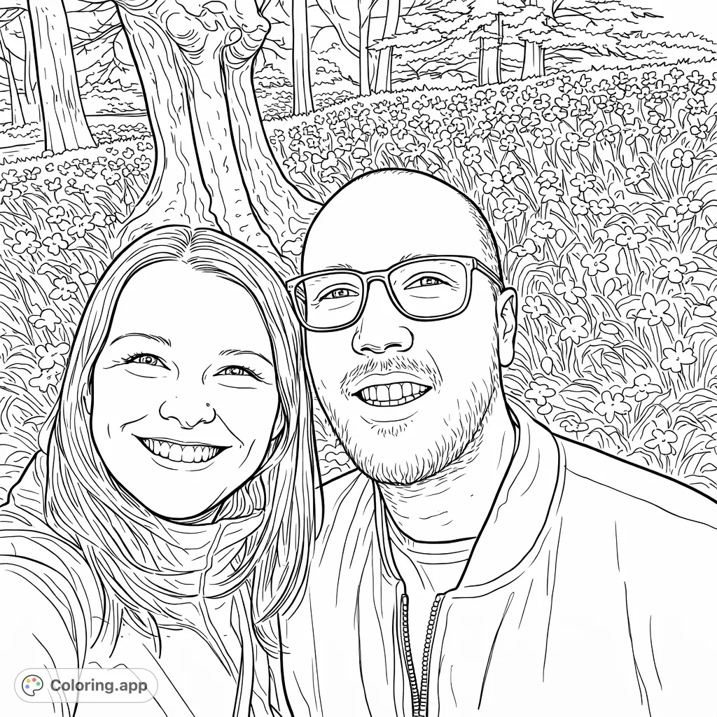 A delightful coloring page featuring a smiling couple amidst a vibrant field of spring flowers and towering trees, perfect for relaxation and creativity.