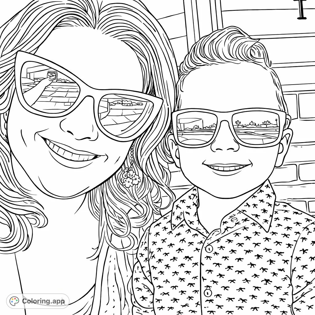 A delightful mother and child portrait, both wearing stylish sunglasses, capturing a moment of joy with intricate details and patterns.