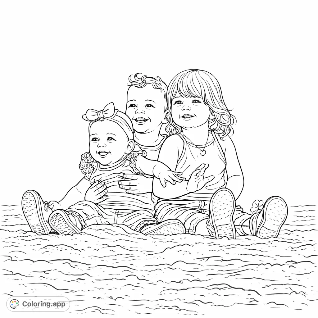 A heartwarming beach scene featuring three happy children, an infant, toddler, and older child, sitting together on the sand with the ocean in the distance. Perfect for a family theme.