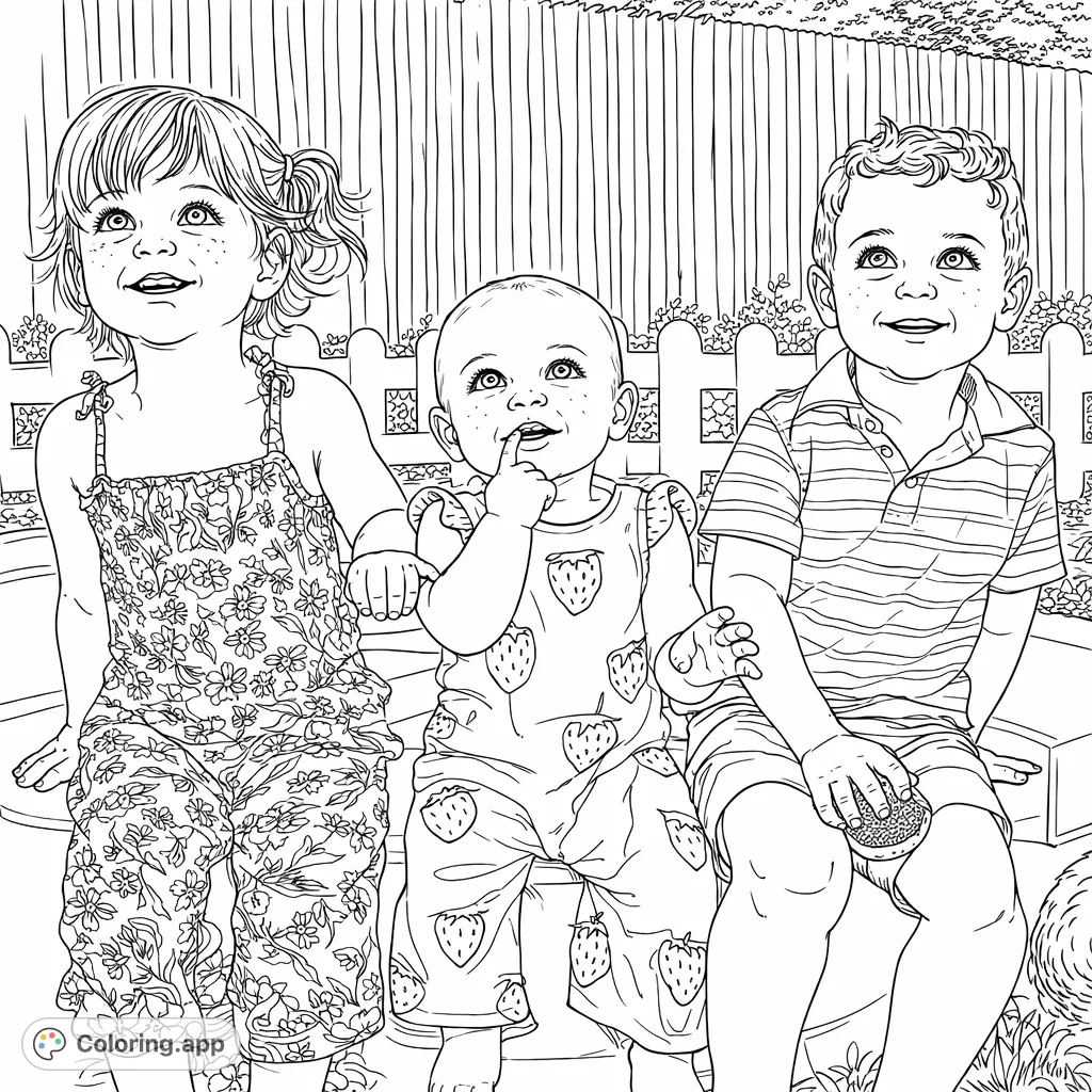 Three happy children, a girl, a baby, and a boy, sit together, all looking skyward with joyful expressions. Featuring floral patterns, striped attire, and fruit designs.