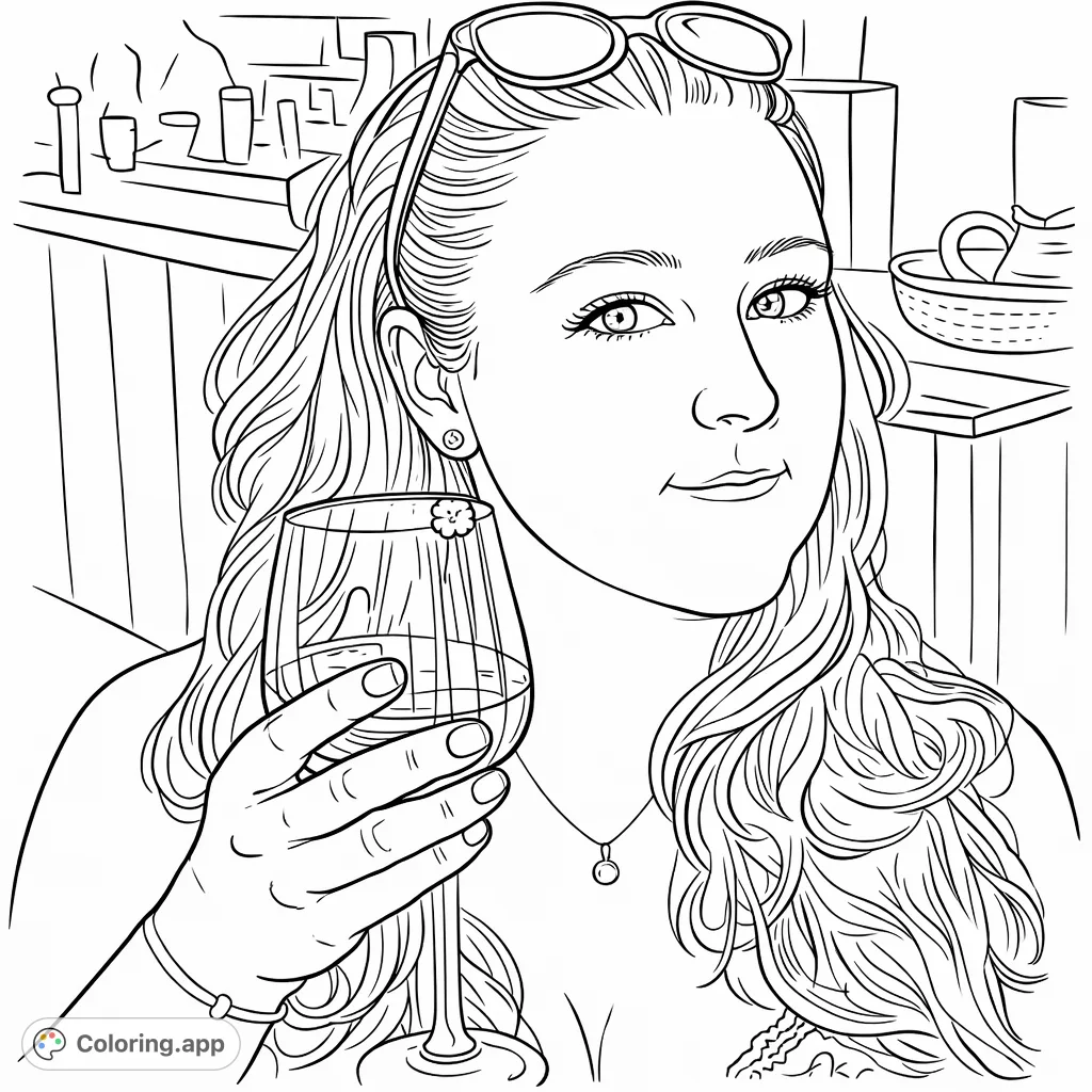 A chic woman with flowing hair holds a stemmed glass, featuring stylish accessories. This sophisticated adult coloring page offers a relaxing creative escape.