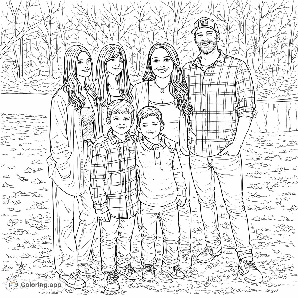 A heartwarming family portrait with two adults and three children posing outdoors. Features patterned clothing and a serene, leafless forest backdrop.