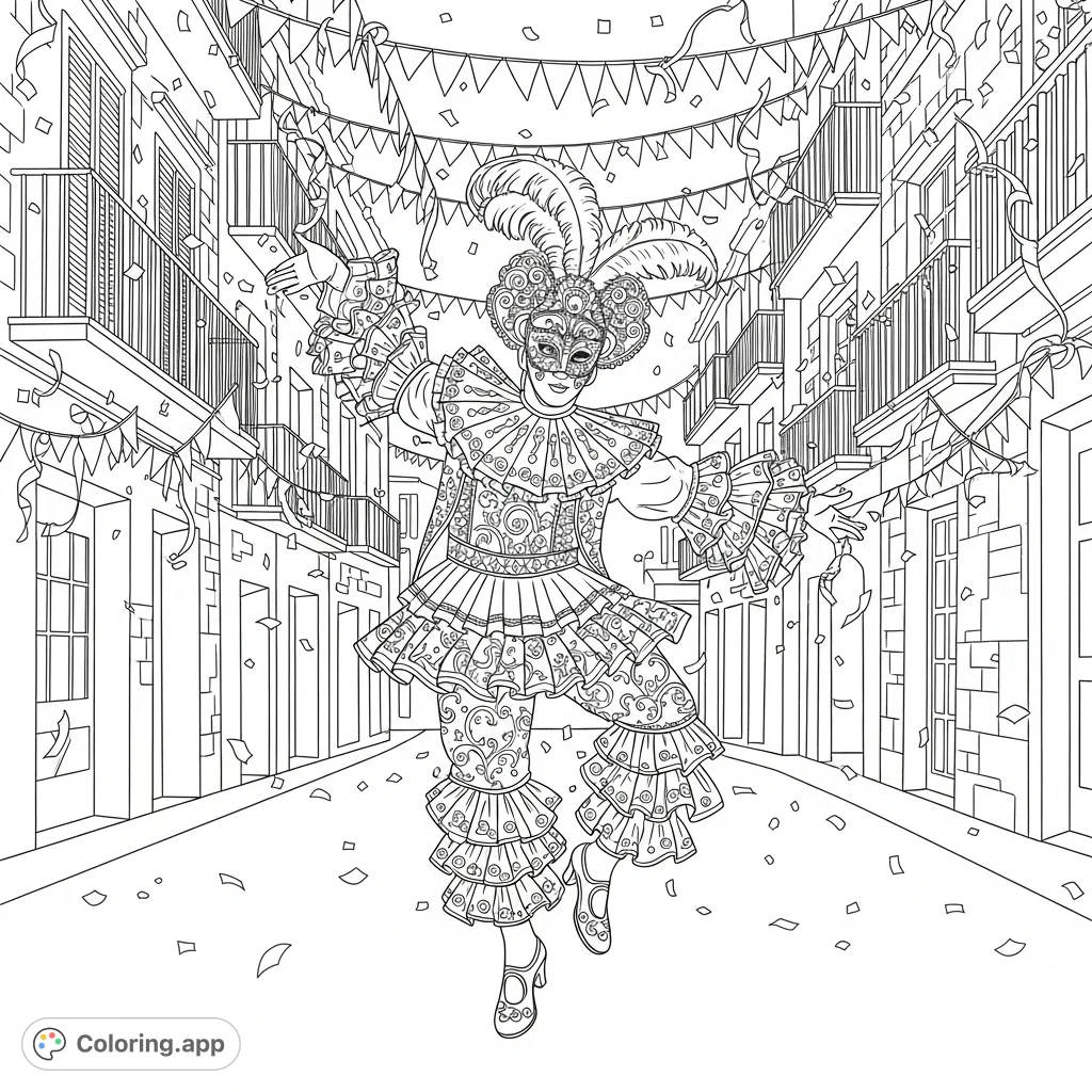 Immerse yourself in a lively Spanish carnival scene! Features a dynamic dancer in an ornate costume amidst confetti and festive street decorations. A vibrant Spanish carnival coloring page for all.